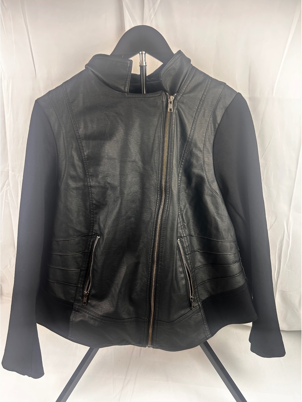 Torrid Women's Black Faux Leather and Knit Sleeve Jacket Size 2